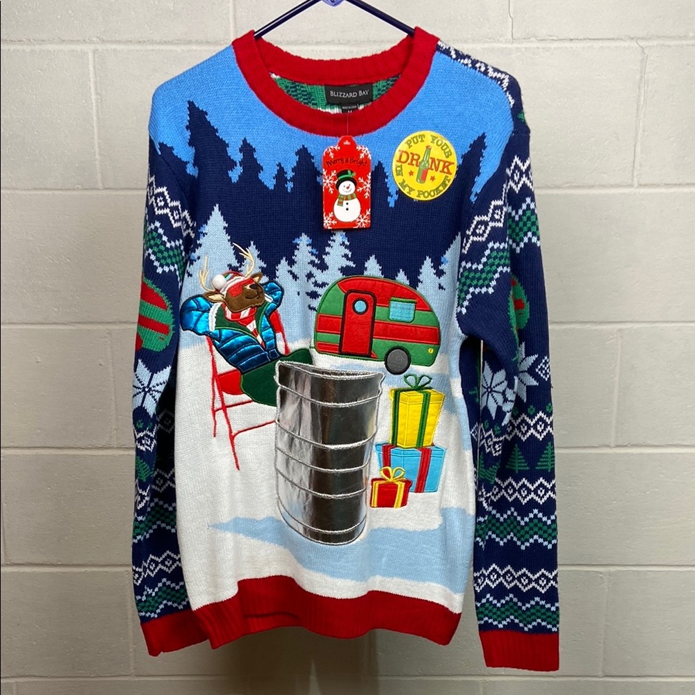 NWT Blizzard Bay Men’s Crewneck Ugly Sweater Festive Design Drink Holder‎ Size M
